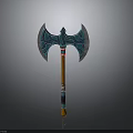 Ornate Battle Axe With Blue Green Patterns Silver Blades And Wooden Handle With Colorful Stripes