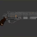 Futuristic Sci Fi Weapon Gun With Metallic Body Yellow Accents And Brown Grip
