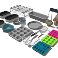 Essential Kitchen Utensils Including Wire Rack Baking Tray Measuring Cup Muffin Pan and Whisk