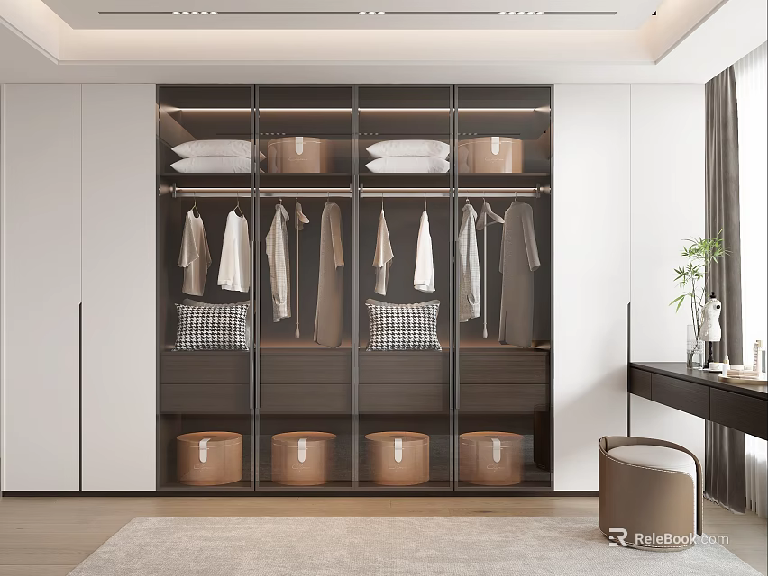 Modern Wardrobe with Glass Doors Hanging Clothes Folded Items and Storage Baskets 3d model 