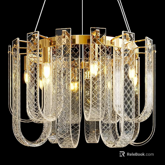 Modern Luxury Curved Chandelier With Gold Frame And Transparent Crystal Glass Elements 3d model 