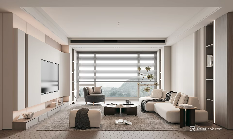 Modern Living Room Interior Design With TV Wall Sofa Coffee Table Plant And Window Blinds 3d model 