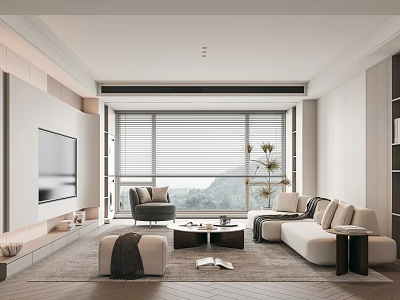Modern Living Room Interior Design With TV Wall Sofa Coffee Table Plant And Window Blinds 3d model