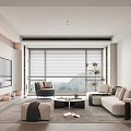 Modern Living Room Interior Design With TV Wall Sofa Coffee Table Plant And Window Blinds