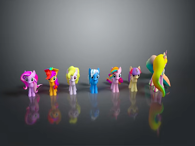 My Little Pony Colorful Game Movie Characters Standing In A Row With Dark Background Reflections 3d model