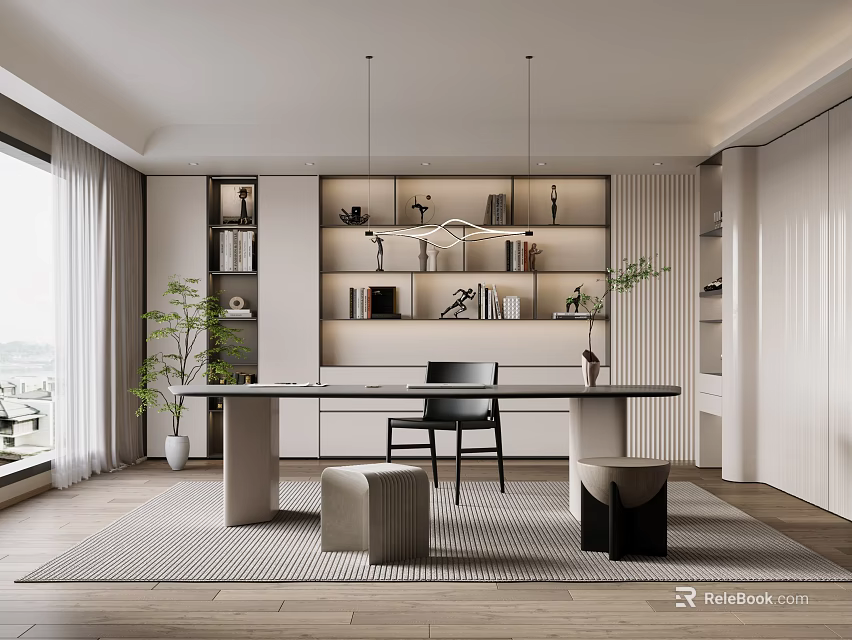 Modern Study Room Interior With Desk Chair Shelves And Plants 3d model 