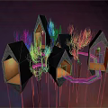 Vibrant Cartoon Scene with Connected Fantasy Houses Orange Interiors Black Roofs Purple Red Background
