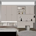 Modern Minimalist Bedroom With White Bed Pillows Desk Lamp And Bookshelves