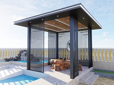 Modern Outdoor Pavilion With Black Slatted Screens Sloped Roof And Wooden Furniture By Swimming Pool 3d model