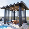 Modern Outdoor Pavilion With Black Slatted Screens Sloped Roof And Wooden Furniture By Swimming Pool