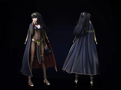 Female Game Character With Black Cloak Gold Trim Long Black Hair Front Back View 3d model