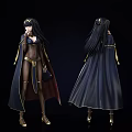 Female Game Character With Black Cloak Gold Trim Long Black Hair Front Back View