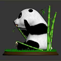 3D Panda Character Sitting On Green Grass Eating Bamboo With Bamboo Stalk And Round Base