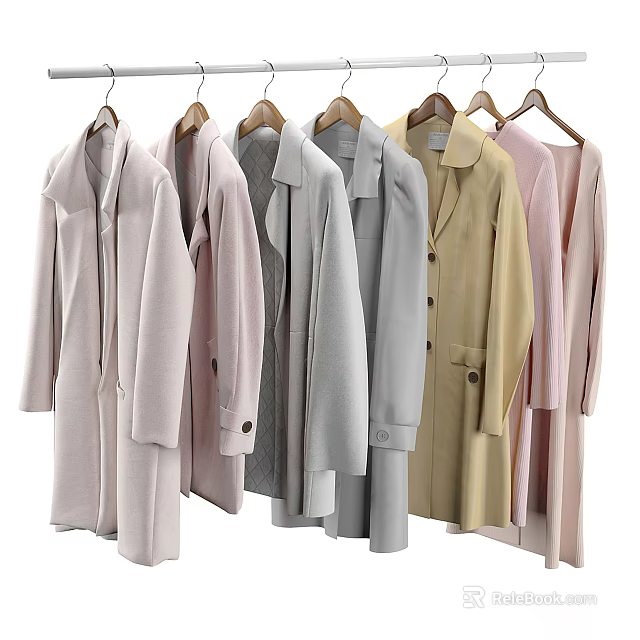 Multiple Soft Colored Long Coats Hanging On Wooden Hangers With Casual Style And Long Sleeves 3d model 