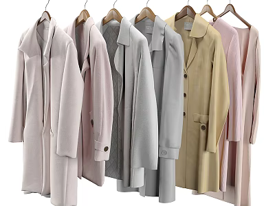 Multiple Soft Colored Long Coats Hanging On Wooden Hangers With Casual Style And Long Sleeves 3d model