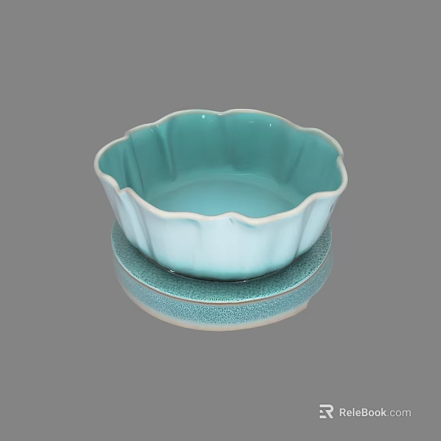 Elegant Turquoise Ceramic Bowl With Petaled Rim And Matching Saucer Design 3d model 