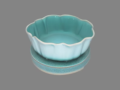 Elegant Turquoise Ceramic Bowl With Petaled Rim And Matching Saucer Design 3d model