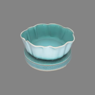 Elegant Turquoise Ceramic Bowl With Petaled Rim And Matching Saucer Design 3d model