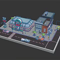 Cartoon Street Scene With Colorful Buildings Cars Street Lamps Trees And Shop Signs