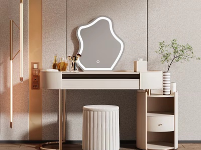 Modern Dressing Table With Irregular Shaped Mirror Stool Plant And Skincare Bottles 3d model