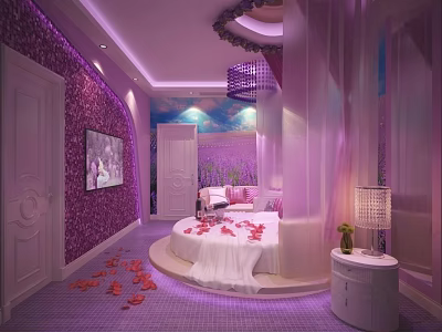 Luxurious Hotel Guest Room With Purple Decorative Walls Round Bed Flower Petals And Chandelier 3d model