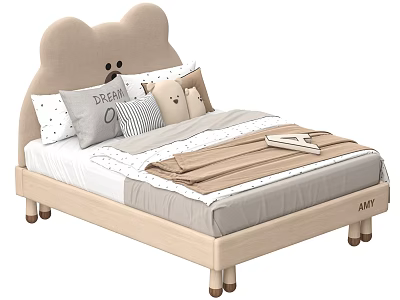 Cute Kids Bed With Bear Ear Headboard Beige Frame Pillows And Teddy Bear Toy 3d model