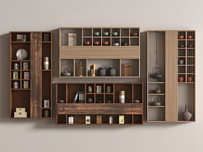 Chinese Style Wooden Curio Shelf With Various Compartments Displaying Teapots Books And Ceramic Jars 3d model