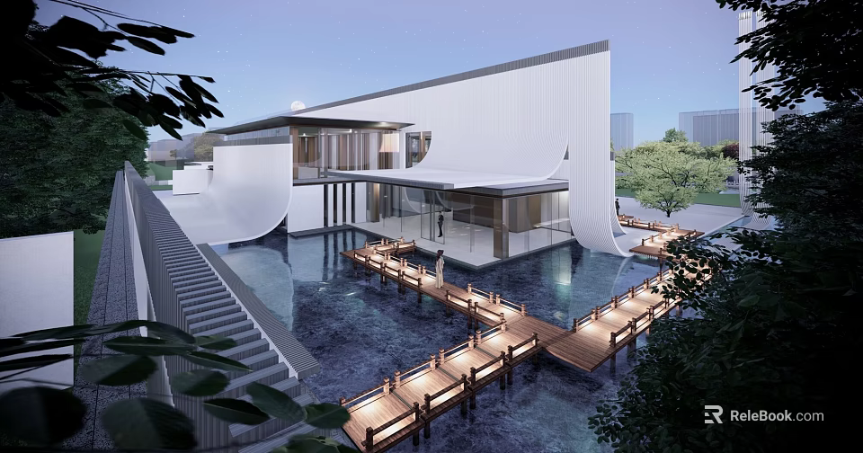 Modern Sales Office Building with White Exterior Glass Water Pool Wooden Walkway Lighting and Greenery 3d model 
