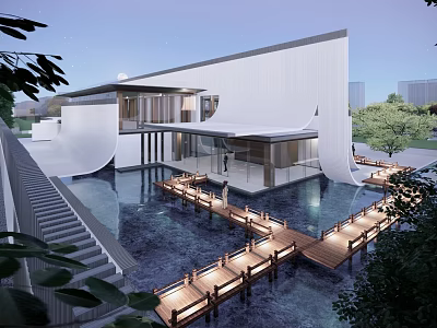Modern Sales Office Building with White Exterior Glass Water Pool Wooden Walkway Lighting and Greenery 3d model