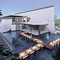 Modern Sales Office Building with White Exterior Glass Water Pool Wooden Walkway Lighting and Greenery