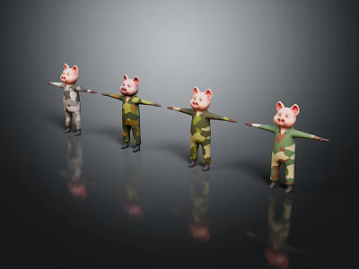 Pig Characters in Camouflage Outfits Standing with Arms Extended on Dark Background with Reflections 3d model