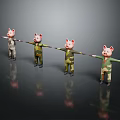 Pig Characters in Camouflage Outfits Standing with Arms Extended on Dark Background with Reflections