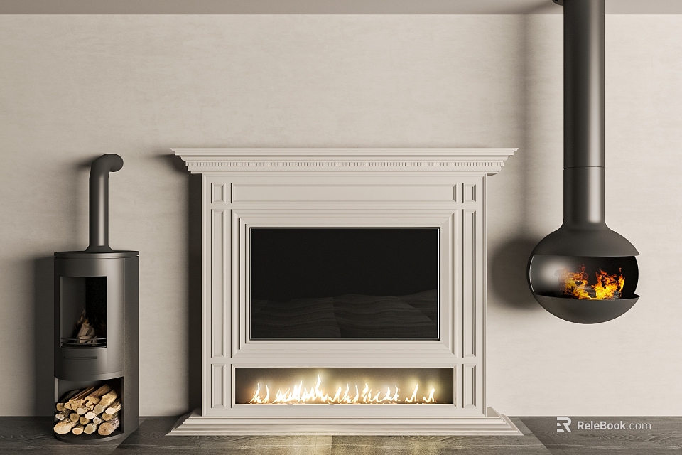 White Decorative Fireplace With Mantel Black Stove Firewood And Hanging Flames In Modern Interior 3d model 