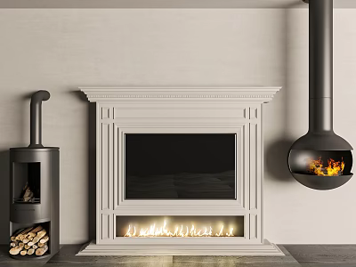 White Decorative Fireplace With Mantel Black Stove Firewood And Hanging Flames In Modern Interior 3d model