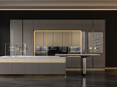 Elegant Modern Kitchen Interior With Gray Gold Cabinets And Island Counter Design 3d model