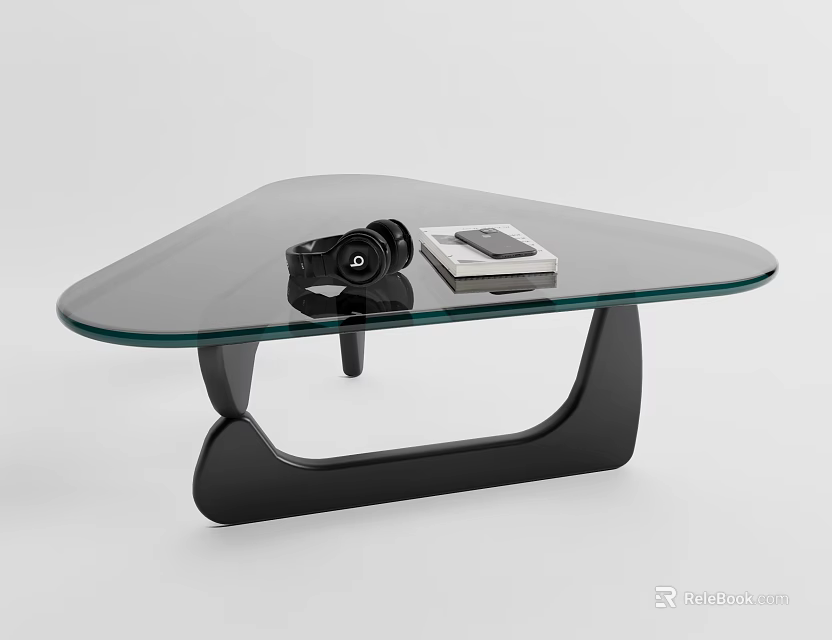 Sleek Modern Glass Top Coffee Table With Black Curved Base And Small Remote Control Device 3d model 