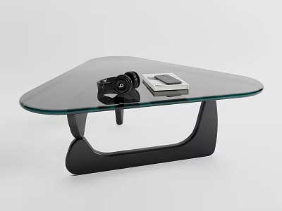 Sleek Modern Glass Top Coffee Table With Black Curved Base And Small Remote Control Device 3d model