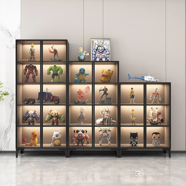 Modern Display Cabinet With LED Lighting Showcasing Action Figures Toys Robots And Model Vehicles 3d model
