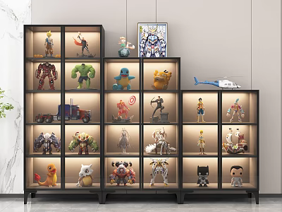 Modern Display Cabinet With LED Lighting Showcasing Action Figures Toys Robots And Model Vehicles 3d model