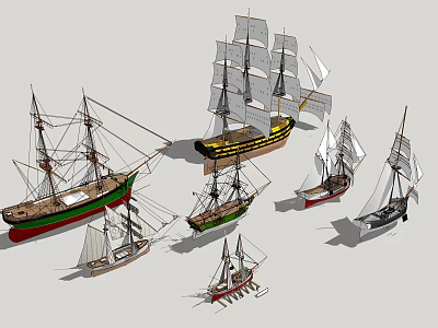 Various Wooden Ship Models with Sailing Masts and Vintage Design Details 3d model