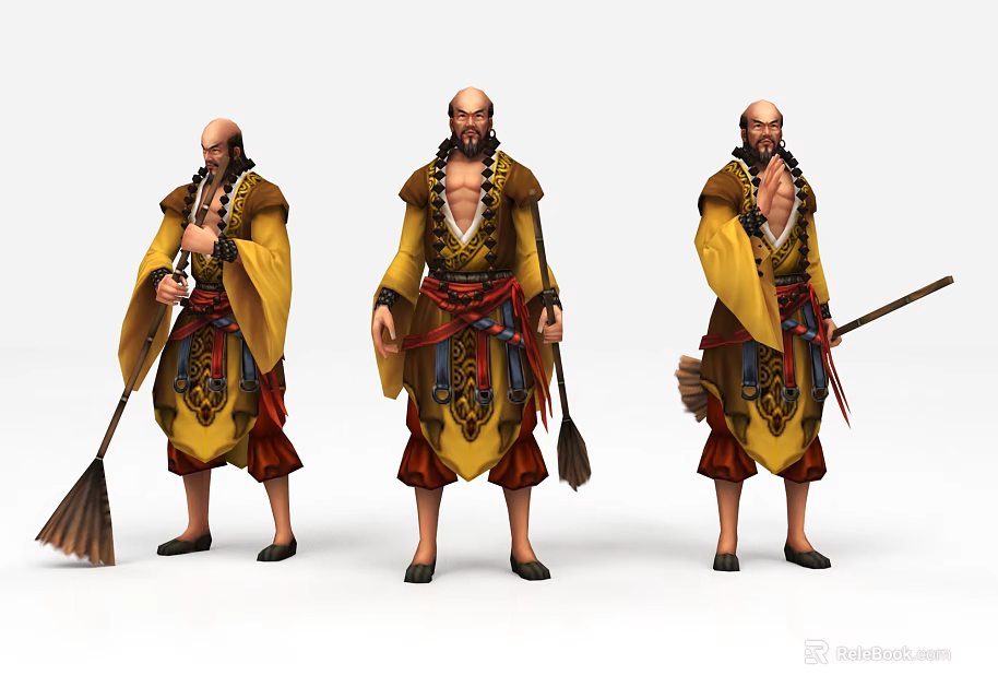 Three Monk Characters In Yellow Robes Holding Brooms And Decorative Staffs 3d model