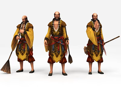 Three Monk Characters In Yellow Robes Holding Brooms And Decorative Staffs 3d model
