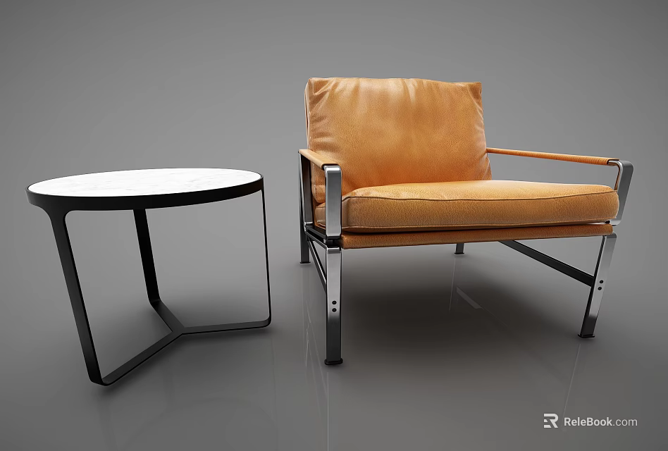 Orange Leather Single Sofa With Metal Frame And White Top Side Table 3d model