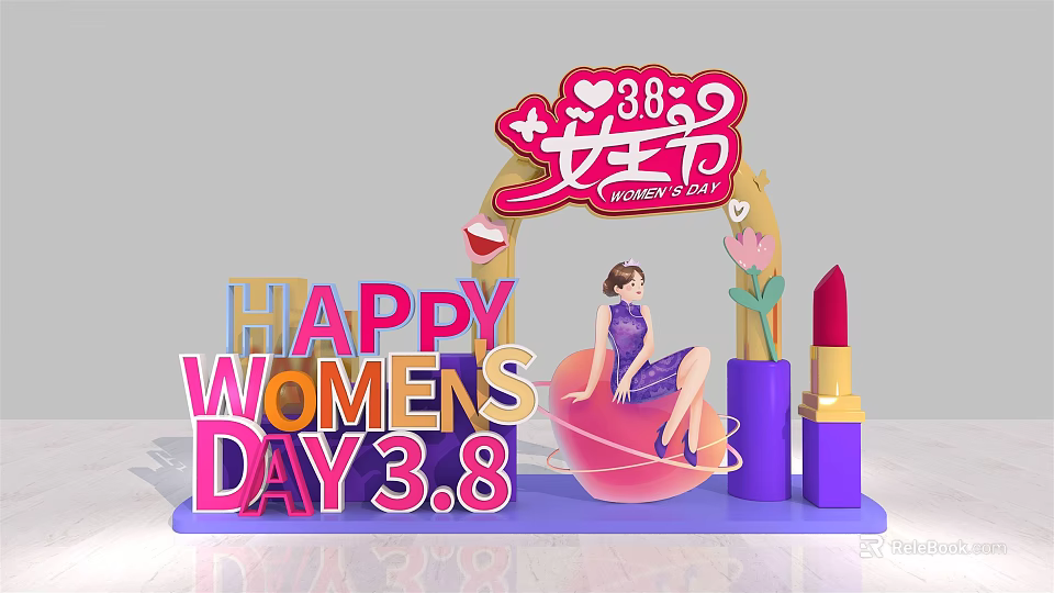 Women's Day 3.8 Celebration With Decorative Arch Woman Figure And Lipstick Flowers 3d model 