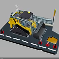 Detailed Yellow Bulldozer Miniature Model Scene With Road Traffic Cones And Street Lamp