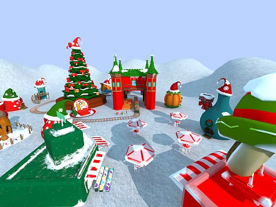Festive Christmas Scene With Decorated Tree Castle Snowman And Candy Decorations 3d model
