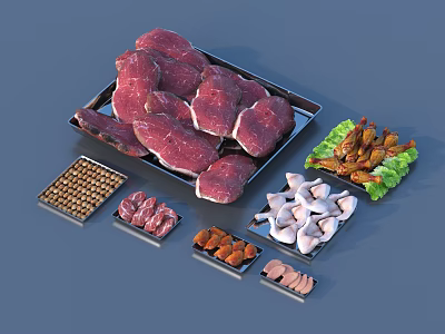 Assorted Fresh Food Platter with Raw Meat Chicken Wings Nuts Sliced Meat Sausages and Mushrooms 3d model