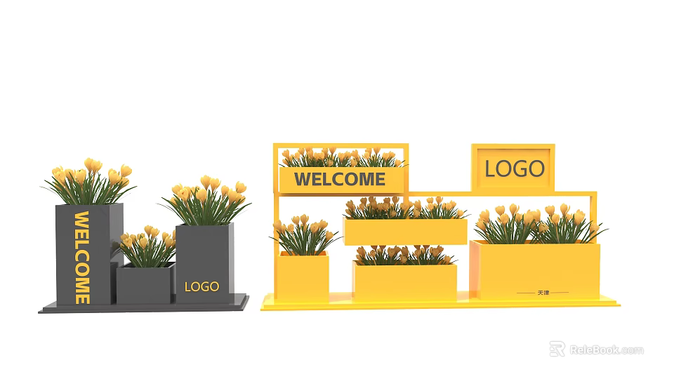 Commercial Outdoor Setup With Yellow Display Stands WELCOME Signs LOGO And Tulip Planters 3d model 
