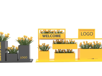 Commercial Outdoor Setup With Yellow Display Stands WELCOME Signs LOGO And Tulip Planters 3d model