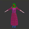 Red Haired Woman In Red Floral Dress With Silver Waist And Outstretched Arms Gray Background